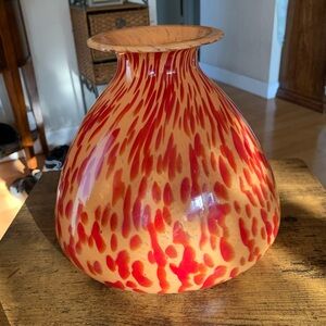 Maestri Vetrai Italy Azzurra Murano Glass Vase Orange Red Leopard Print